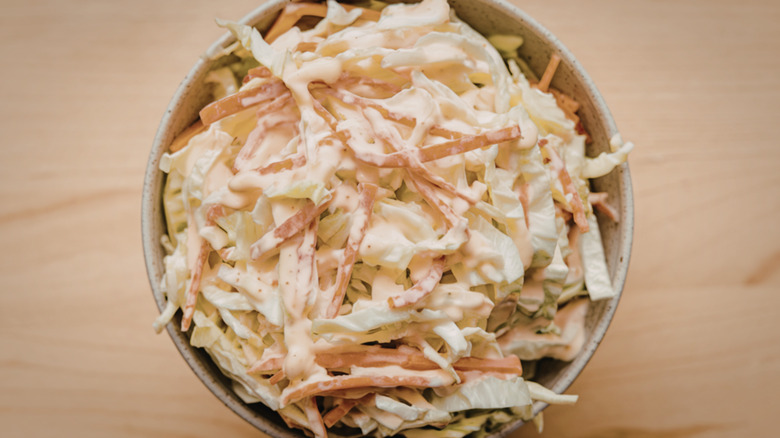 A bowl of coleslaw shot from above