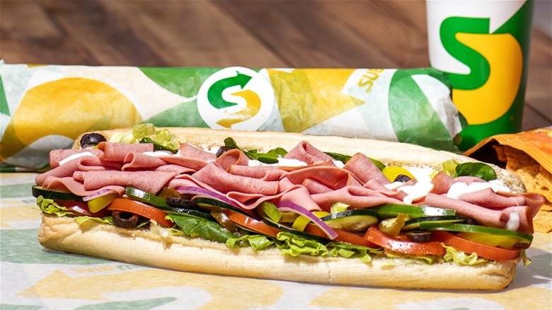 Subway sandwich on brown wood