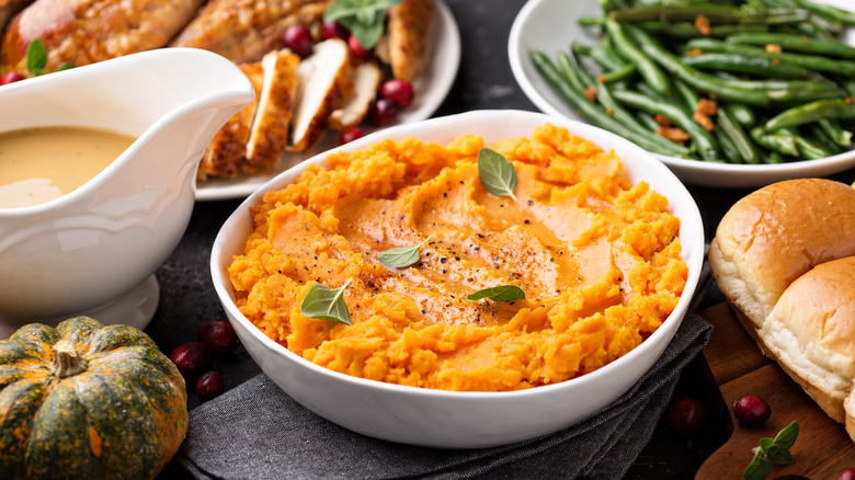 Mashed sweet potatoes with butter at Thanksgiving