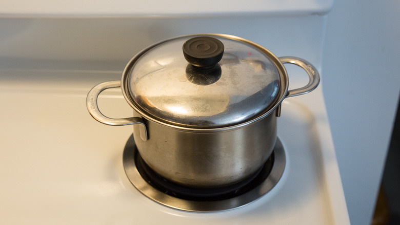 covered pot on stovetop burner