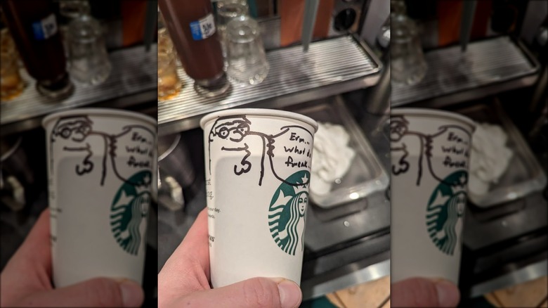 Starbucks cup with drawing of Peter Griffin saying, "Erm...what the fweak..."