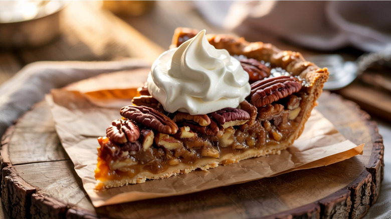 A slice of pecan pie with whipped cream.