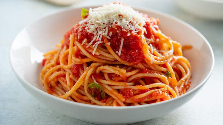 spaghetti with red sauce in a bowl