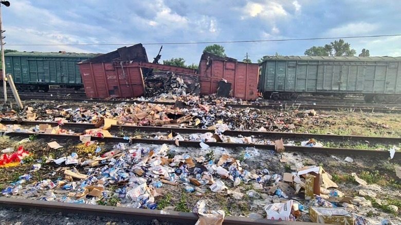 Train car destroyed by Russian missile