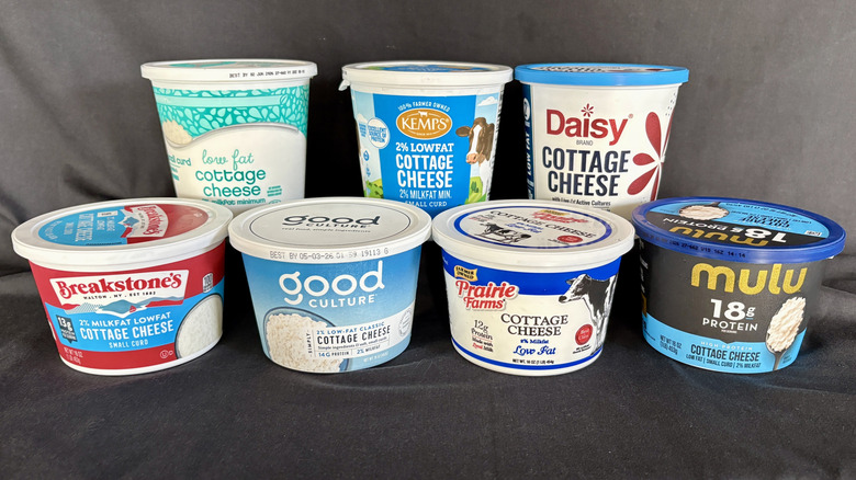 Seven cottage cheeses lined up for testing