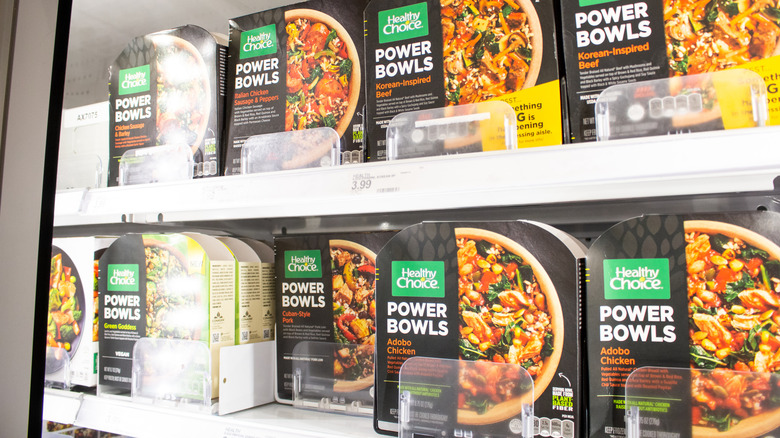 Healthy Choice boxes in freezer case at store
