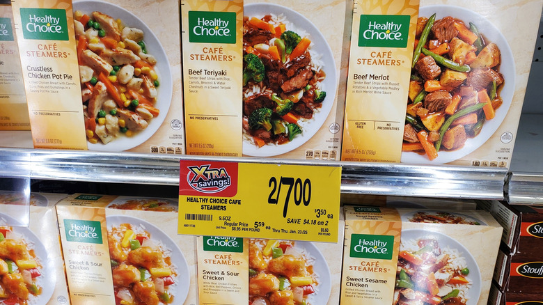 Healthy Choice boxes in freezer case