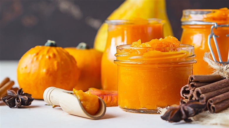 Pumpkin puree in jars with pumpkins, spices, and gourds