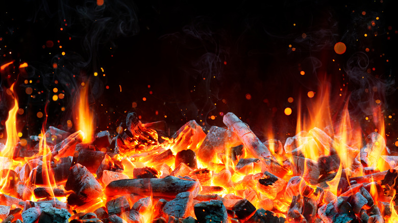 Charcoal burning hot flames