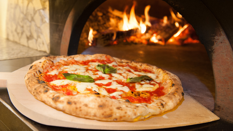 Baked Neapolitan pizza on a peel