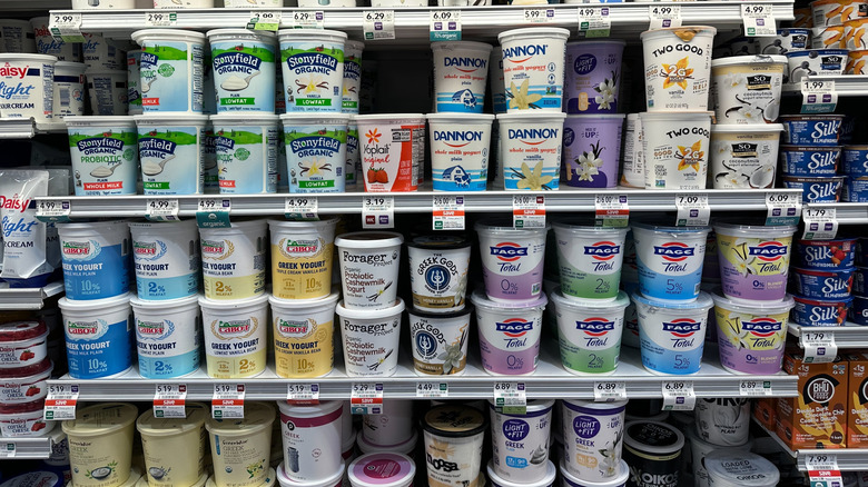 Greek yogurt containers on shelf