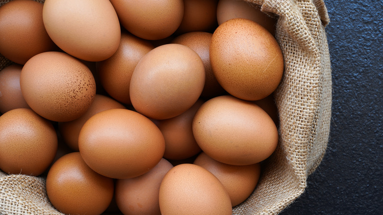 brown eggs in burlap bag