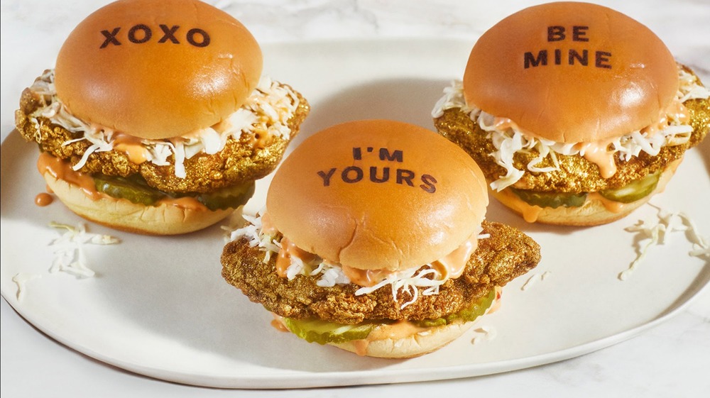 Three embossed Valentine's chicken sandwiches