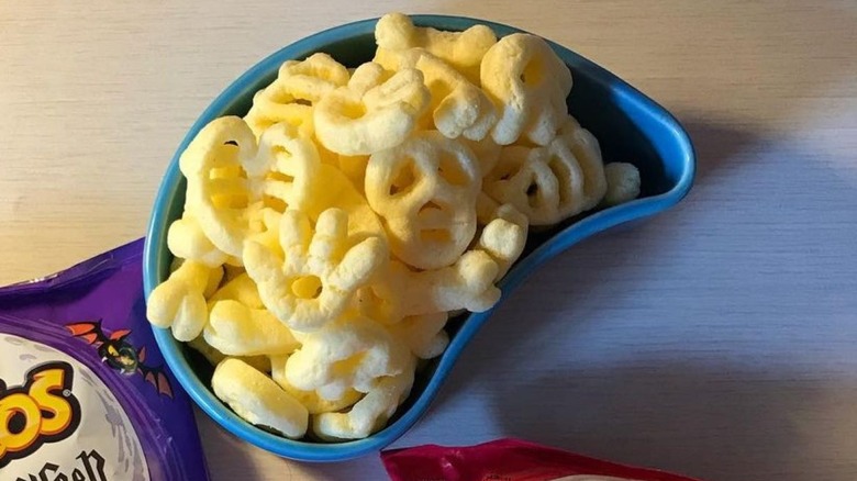 Cheetos bones in a blue bowl