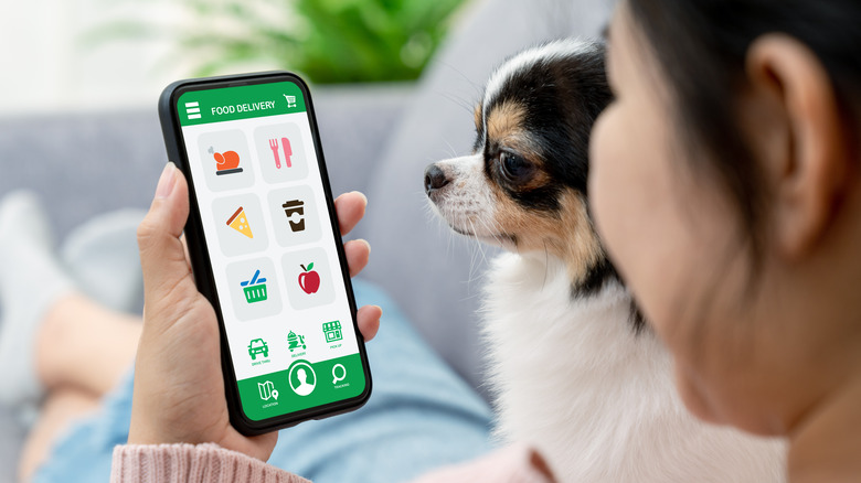 woman shopping for groceries on phone