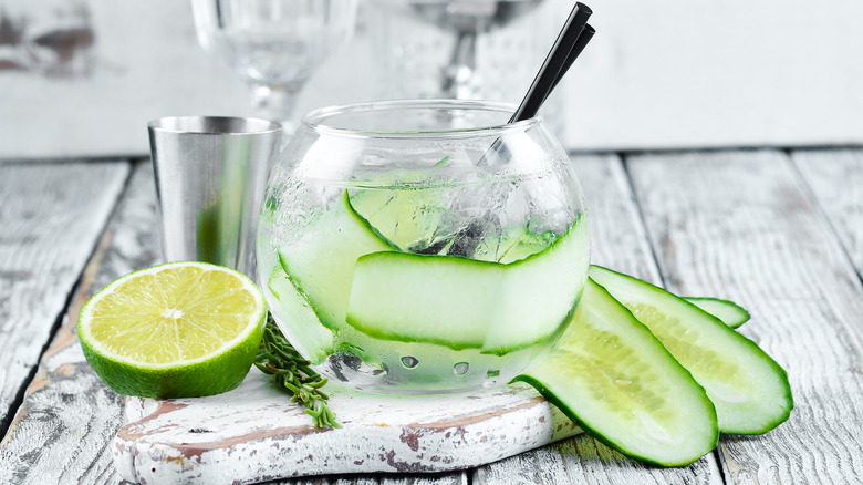 Cucumber collins with two straws