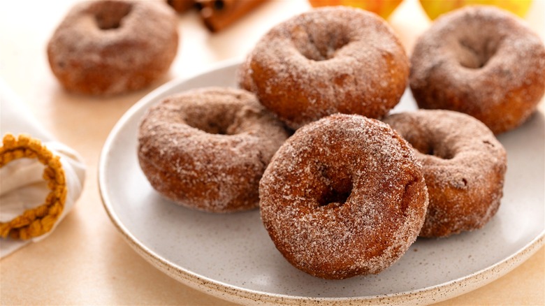 A plate of golden-brown donuts dusted with cinnamon sugar.