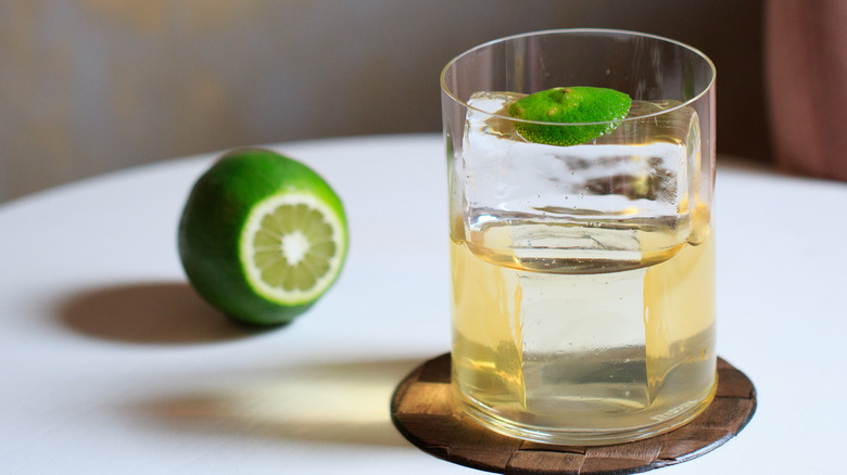 a glass of milk punch garnished with lime