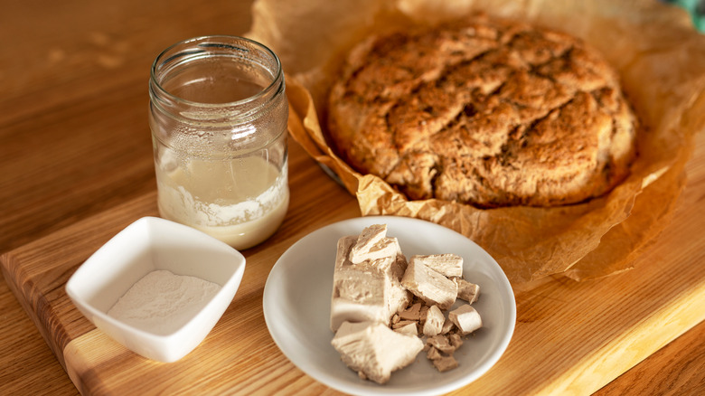 Different forms of yeast in containers, round of bread on a wooden block 