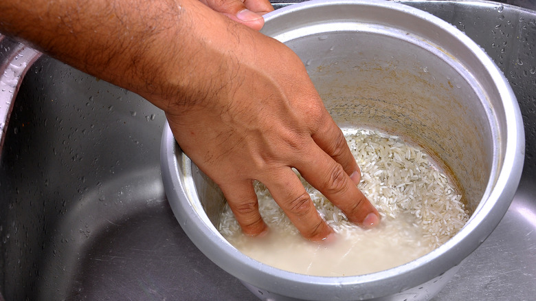 Rice in bowl at sink