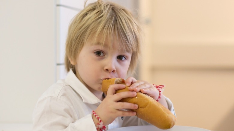 Small boy eating hot dog