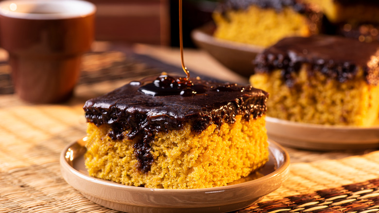 Square of carrot cake with frosting