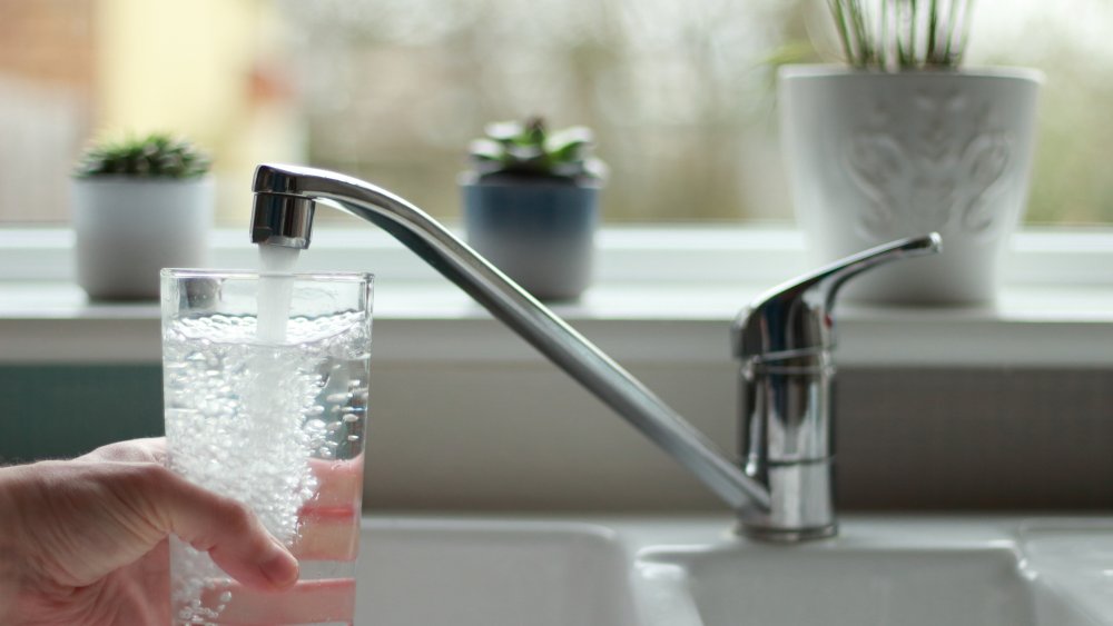 Kitchen tap with a drinking glass being filled