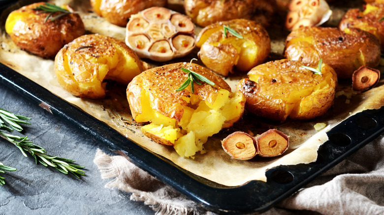 Food plated on baking sheet