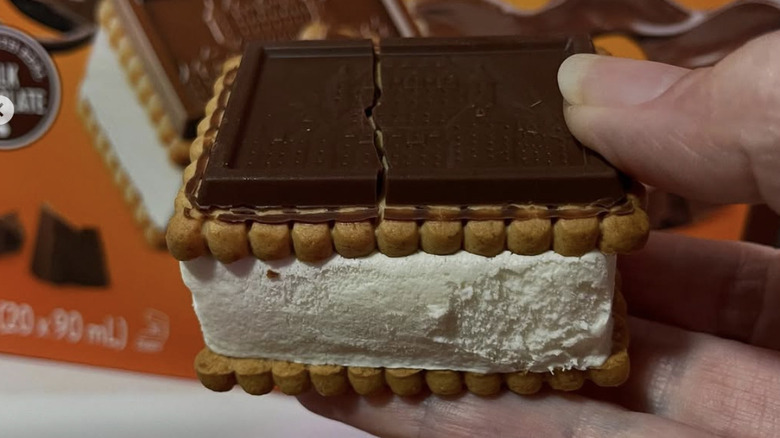 Close-up of someone holding a Leclerc Célébration vanilla ice cream sandwiches