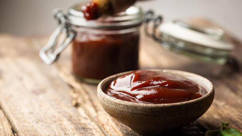 BBQ sauce on wooden table