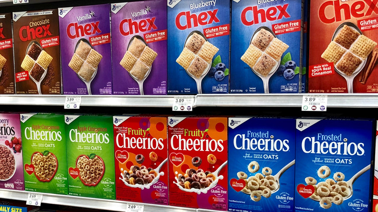 Rows of branded cereals 