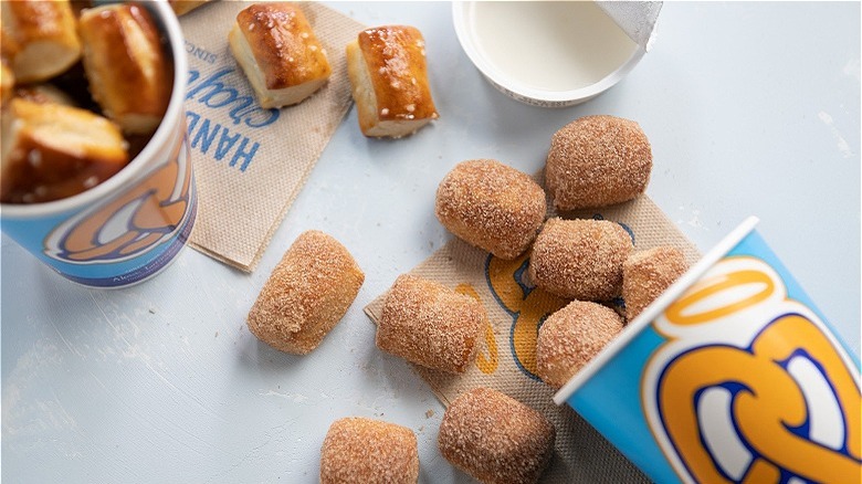Pretzel bites scattered on table