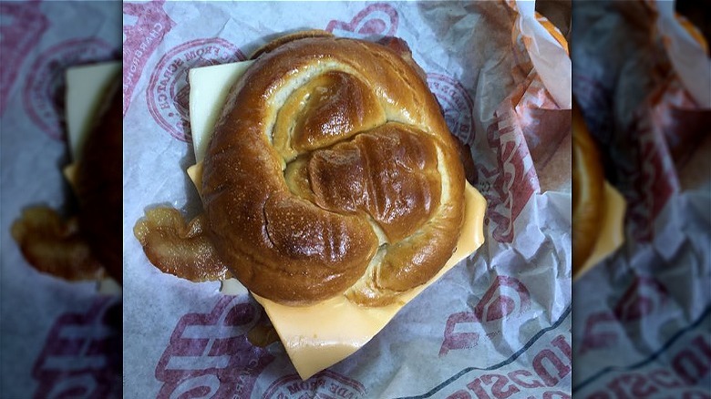 Pretzel breakfast sandwich in wrapper