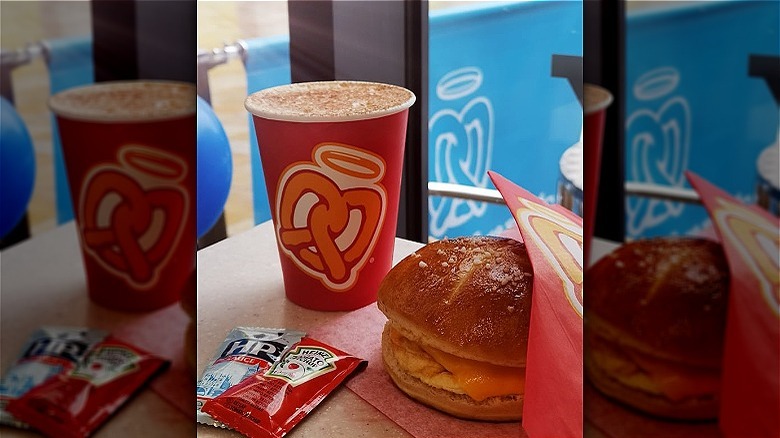 Pretzel breakfast sandwich and coffee