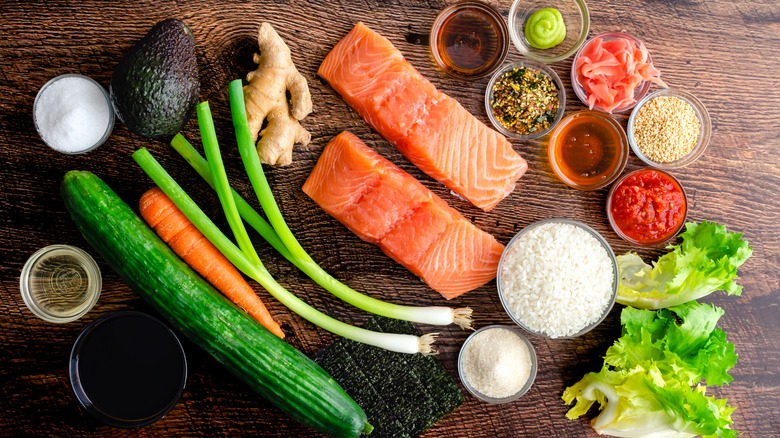 Salmon bowl ingredients laid out