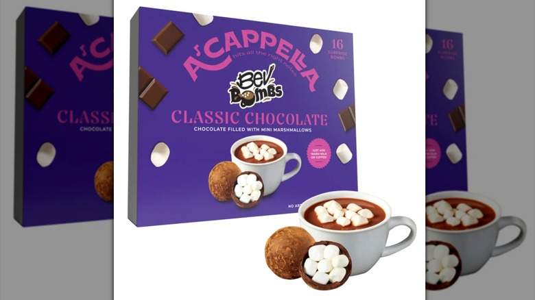 Box of A'cappella Classic Hot Chocolate BevBombs with cup of cocoa