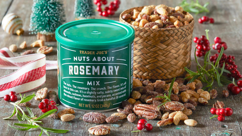 Nut mix from Trader Joe's with festive background