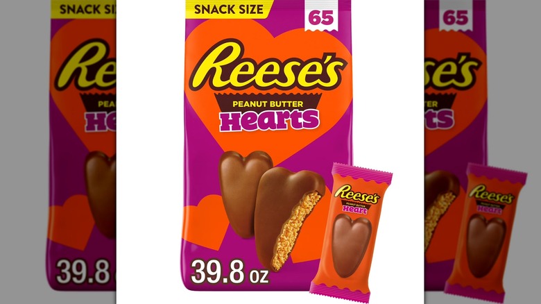 A closeup of a box of Reese's Peanut Butter Hearts.