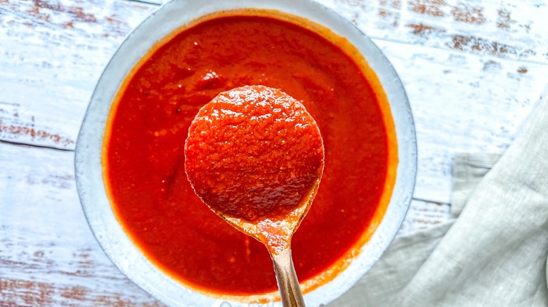 Spoonful of ketchup over bowl