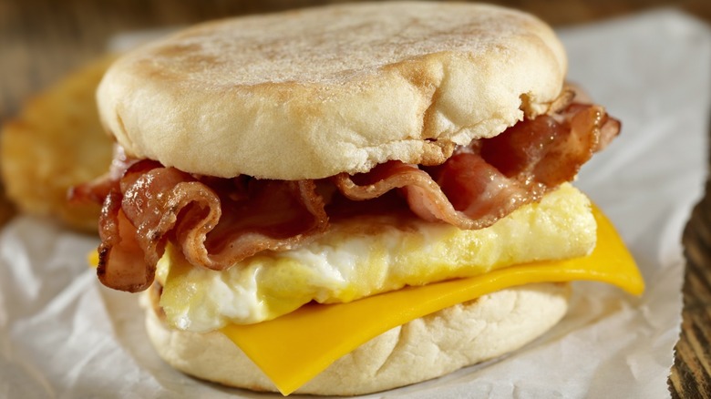 Bacon, egg, and cheese English muffin sandwich