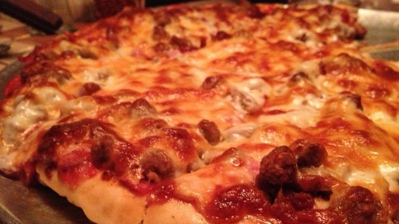 closeup of a meat pizza