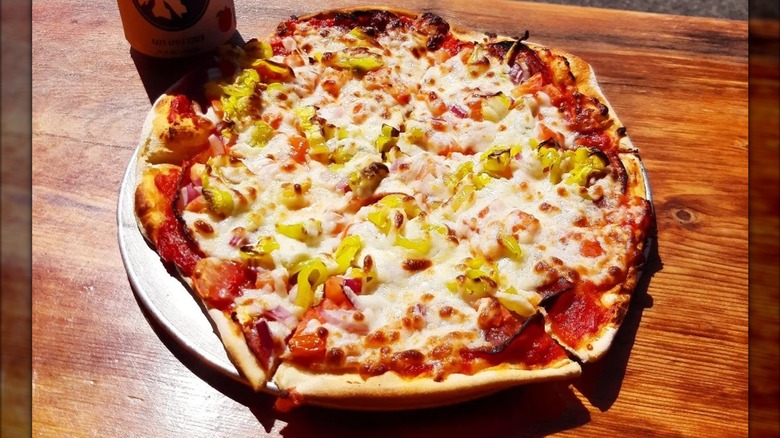 Pepperoni, onion, tomato & pepperoncini pizza