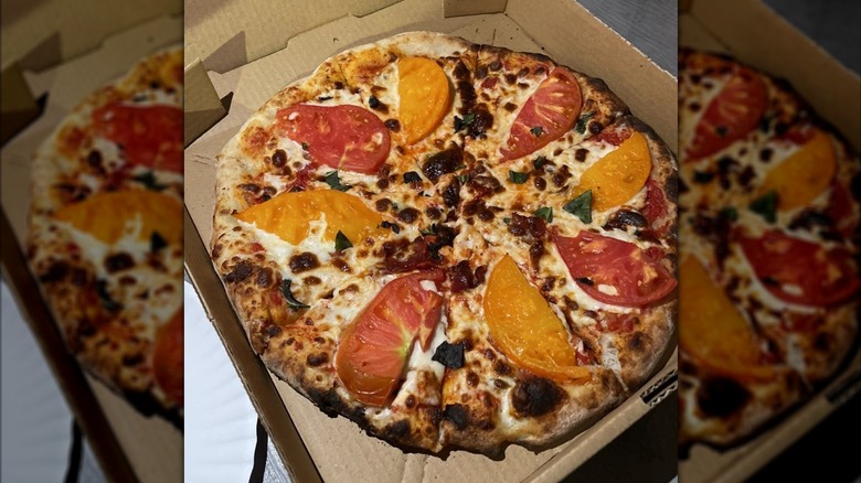 cheese pizza with garden fresh tomato slices in takeout box from Pizzas & Cream in West Virgina