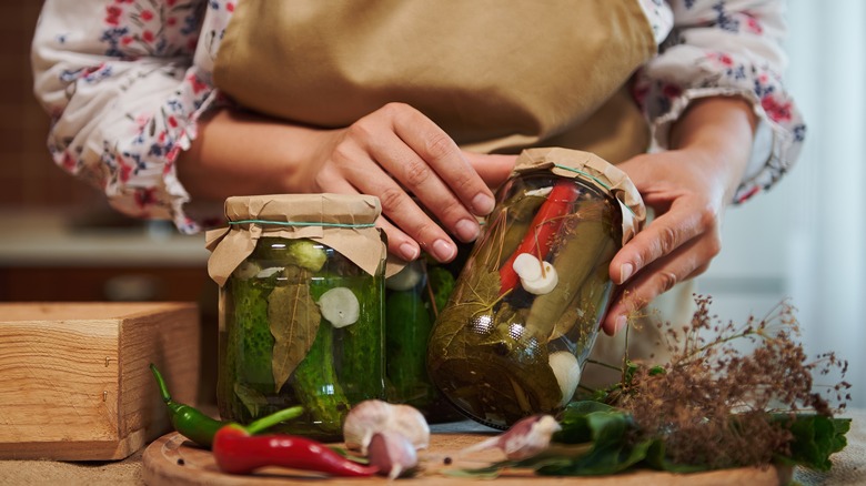 Jars of preserved pickles