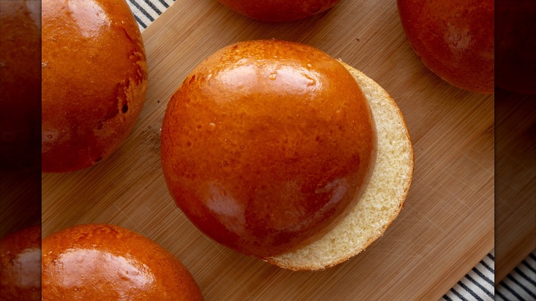 overhead view of brioche hamburger buns