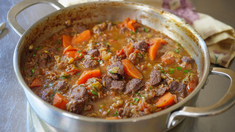 Beef stew in a cooking pot
