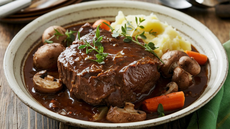 Beef stew with a thick cut of beef