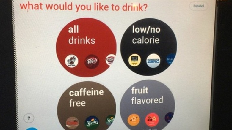 Freestyle drink categories shown on a soda machine screen