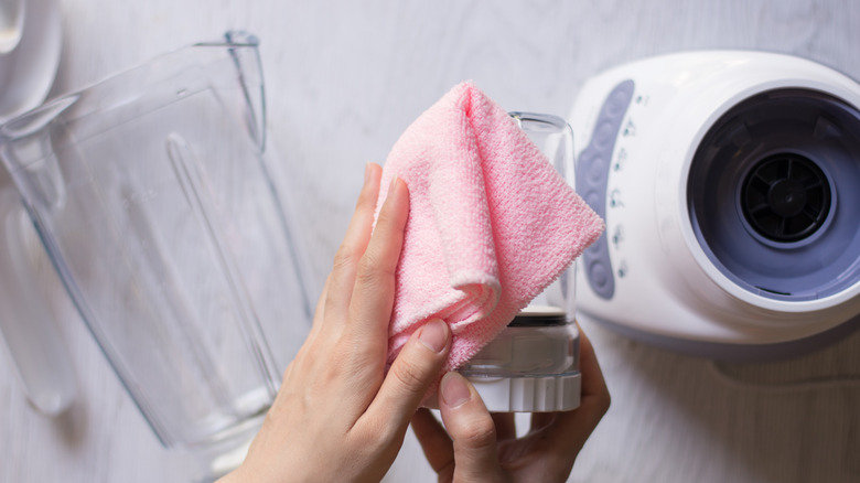 A person cleaning juice blender