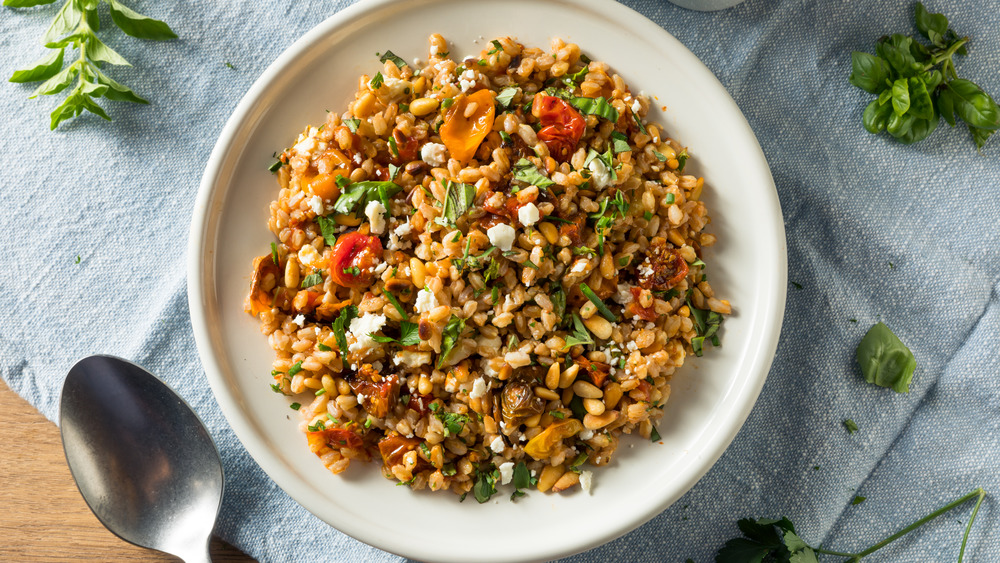 Farro salad on a white plate